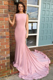 Mermaid Bateau Backless Sweep Train Pink Elastic Satin Prom Dress PDA294