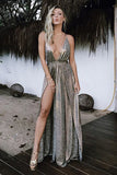 A-Line Deep V-Neck Floor-Length Grey Leather Split Backless Prom Dress LR180
