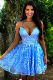 A Line Spaghetti Straps Blue Criss-Cross Homecoming Dress With Appliques ODA013 | ballgownbridal