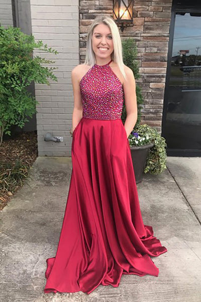 A-Line Halter Backless Sweep Train Burgundy Prom Dress with Beading Pockets LR41