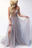 Beautiful A Line V Neck Gray Tulle Long Prom Evening Dresses with Appliques PDA011 | ballgownbridal