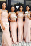 Mermaid Crew Floor-Length Pink Satin Bridesmaid Dress with Lace AHC628 | ballgownbridal