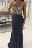 Mermaid Round Neck Floor-Length Grey Prom Dress with Beading LR46