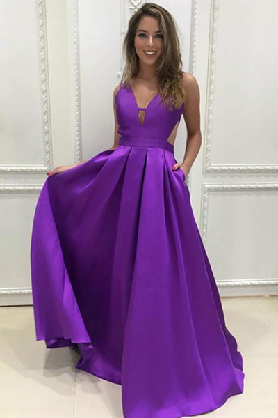 A-Line V-Neck Sweep Train Grape Satin Cut Out Backless Prom Dress AHC540 | ballgownbridal