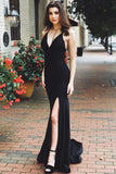 Mermaid V-Neck Criss-Cross Back Sweep Train Black Prom Dress with Split PDA387 | ballgownbridal