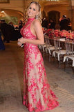 Mermaid High Neck Sweep Train Hot Pink Tulle Prom Dress with Appliques LR194