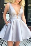 Deep V-Neck Gray Satin Homecoming Cocktail Dress with Pockets PDA016 | ballgownbridal
