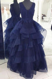 A-Line V-Neck Floor-Length Backless Navy Blue Organza Prom Dress with Appliques  AHC664 | ballgownbridal