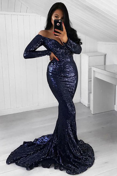 Mermaid Off-the-Shoulder Sweep Train Long Sleeves Navy Blue Sequined Prom Dress AHC514 | ballgownbridal