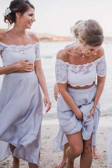 Two Piece Off-the-Shoulder Ankle-Length Grey Chiffon Bridesmaid Dress with Lace AHC611