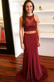Two Piece Round Neck Open Back Burgundy Prom Dress with Appliques PDA317 | ballgownbridal