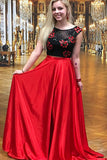 Two Piece Crew Sweep Train Red Satin Open Back Prom Dress with Embroidery Lace LR92