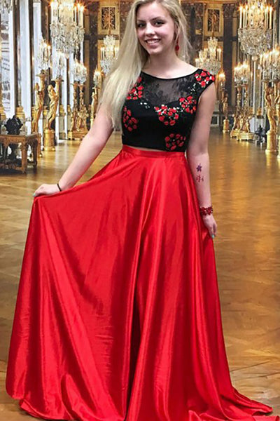 Two Piece Crew Sweep Train Red Satin Open Back Prom Dress with Embroidery Lace LR92
