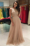 A-Line Jewel Sweep Train Champagne Tulle Prom Dress with Beading LR473