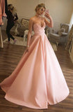 A-Line Sweetheart Sweep Train Pink Satin Sleeveless Prom Dress with Pleats LR215