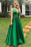 A-Line Deep V-Neck Floor-Length Hunter Satin Backless Prom Dress AHC529 | ballgownbridal