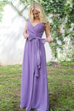 A-Line V-Neck Cap Sleeves Lace-Up Purple Long Chiffon Bridesmaid Dress AHC648