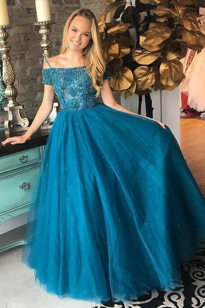 A-Line Off-the-Shoulder Short Sleeves Turquoise Prom Dress with Beading PDA398 | ballgownbridal