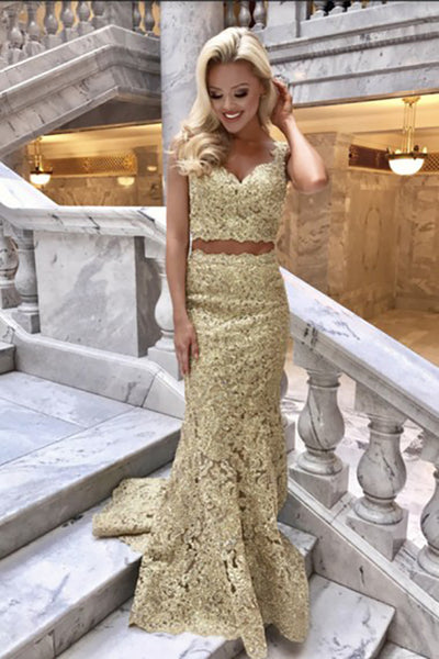Two Piece Mermaid V-Neck Sweep Train Gold Lace Prom Dress LR38