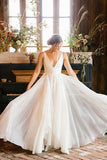 Simple A Line Deep V Neck White Wedding Dresses with Ruffles PDA045 | ballgownbridal