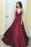 A-Line Deep V-Neck Sweep Train Burgundy Satin Backless Prom Dress AHC510 | ballgownbridal