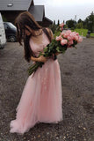 A-Line V-Neck Backless Sweep Train Pink Prom Dress with Appliques PDA351 | ballgownbridal
