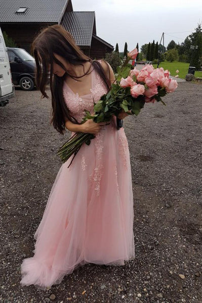 A-Line V-Neck Backless Sweep Train Pink Prom Dress with Appliques PDA351 | ballgownbridal