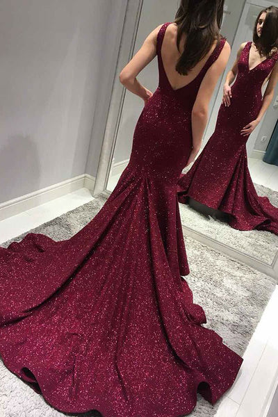 Mermaid V-Neck Backless Sweep Train Fuchsia Prom Dress with Sequins PDA402 | ballgownbridal