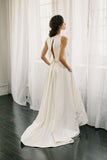 White Two Piece A Line Asymmetrical Sleeveless Satin Wedding Dress AHC564