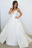 A-Line Spaghetti Straps Court Train Ivory Satin Wedding Dress with Lace AHC587 