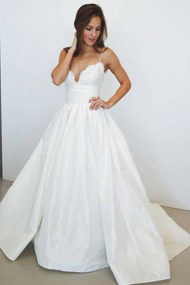 A-Line Spaghetti Straps Court Train Ivory Satin Wedding Dress with Lace AHC587 