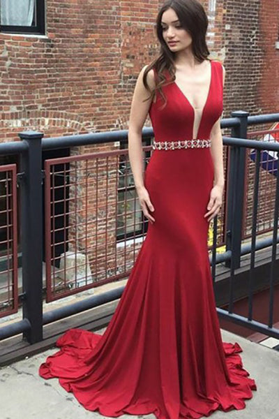 Mermaid Deep V-Neck Sweep Train Red Stretch Satin Backless Beaded Prom Dress LR355