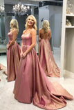 A-Line Spaghetti Straps Backless Sweep Train Rose Pink Split Prom Dress PDA341 | ballgownbridal
