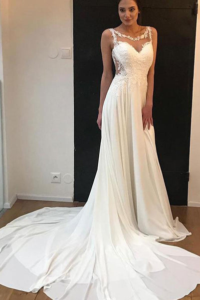 Beautiful Mermaid Round Neck White Wedding Dresses with Sweep Train PDA034 | ballgownbridal