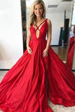 A-Line Deep V-Neck Court Train Red Criss-Cross Straps Split Prom Dress with Beading LR244