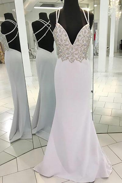 Mermaid Deep V-Neck Sweep Train White Criss-Cross Straps Beaded Prom Dress LR344