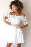 A-Line Off-the-Shoulder Half Sleeves White Homecoming Dress with Lace PDA074 | ballgownbridal
