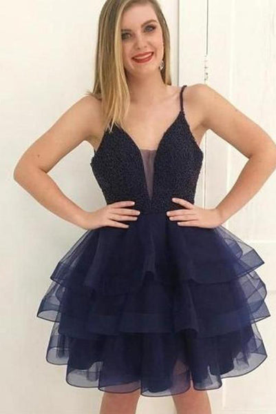 Stylish A Line Deep V Neck Navy Blue Short Homecoming Dresses Beading PDA092 | ballgownbridal