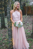 A-Line Halter Floor-Length Pink Sleeveless Tulle Bridesmaid Dress with Lace AHC644 | ballgownbridal