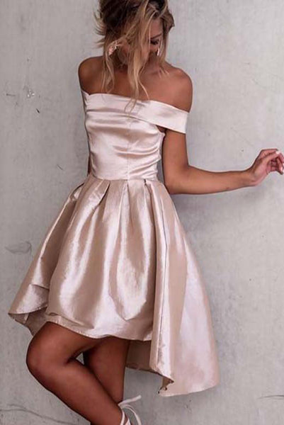 A-Line High Low Off Shoulder Light Champagne Homecoming Dresses PDA061 | ballgownbridal