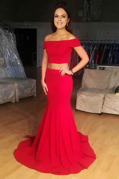 Two Piece Off-the-Shoulder Sweep Train Red Satin Sleeveless Prom Dress LR185
