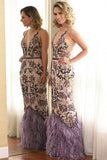 Mermaid Deep V-Neck Floor-Length Purple Satin Prom Dress with Beading Feathers LR206