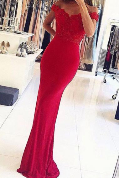 Mermaid Off-the-Shoulder Floor-Length Red Stretch Satin Prom Dress with Appliques Beading AHC685 | ballgownbridal