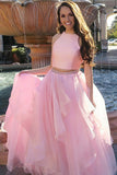 Two Piece Jewel Sweep Train Pink Chiffon Prom Dress with Beading Ruffles LR331