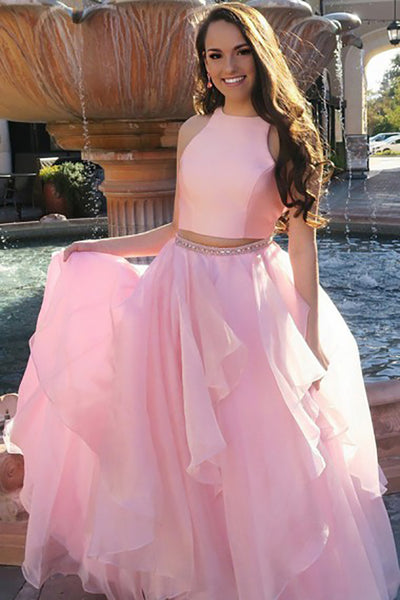 Two Piece Jewel Sweep Train Pink Chiffon Prom Dress with Beading Ruffles LR331