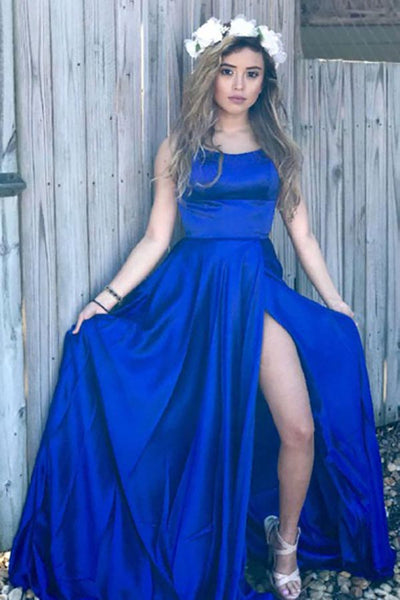 A-Line Scoop Split Side Royal Blue Criss-Cross Straps Satin Prom Dress AHC512 | ballgownbridal