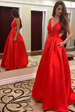 A-Line Deep V-Neck Sweep Train Red Satin Backless Prom Dress with Pockets LR375