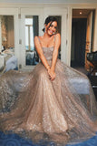 A-Line Straps Floor-Length Light Champagne Prom Evening Dress with Sequins PDA266 | ballgownbridal