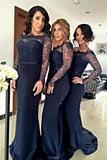 Mermaid Off-the-Shoulder Sweep Train Navy Blue Satin Bridesmaid Dress with Lace AHC612