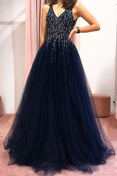Navy Blue Prom Dresses Long V Neck Beading Evening Party Dresses ODA007 | ballgownbridal